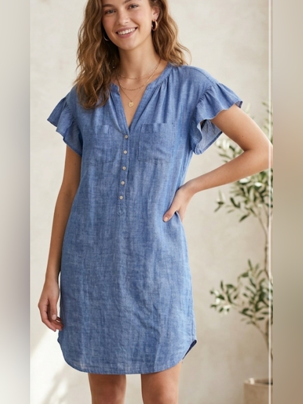 Joie Linen Mini Dress with Flutter Sleeves & Pockets - Chambray Blue